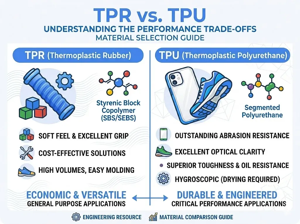 Comparison infographic summarizing TPU versus TPR on chemistry, tactile feel, abrasion resistance, temperature range, and typical applications.